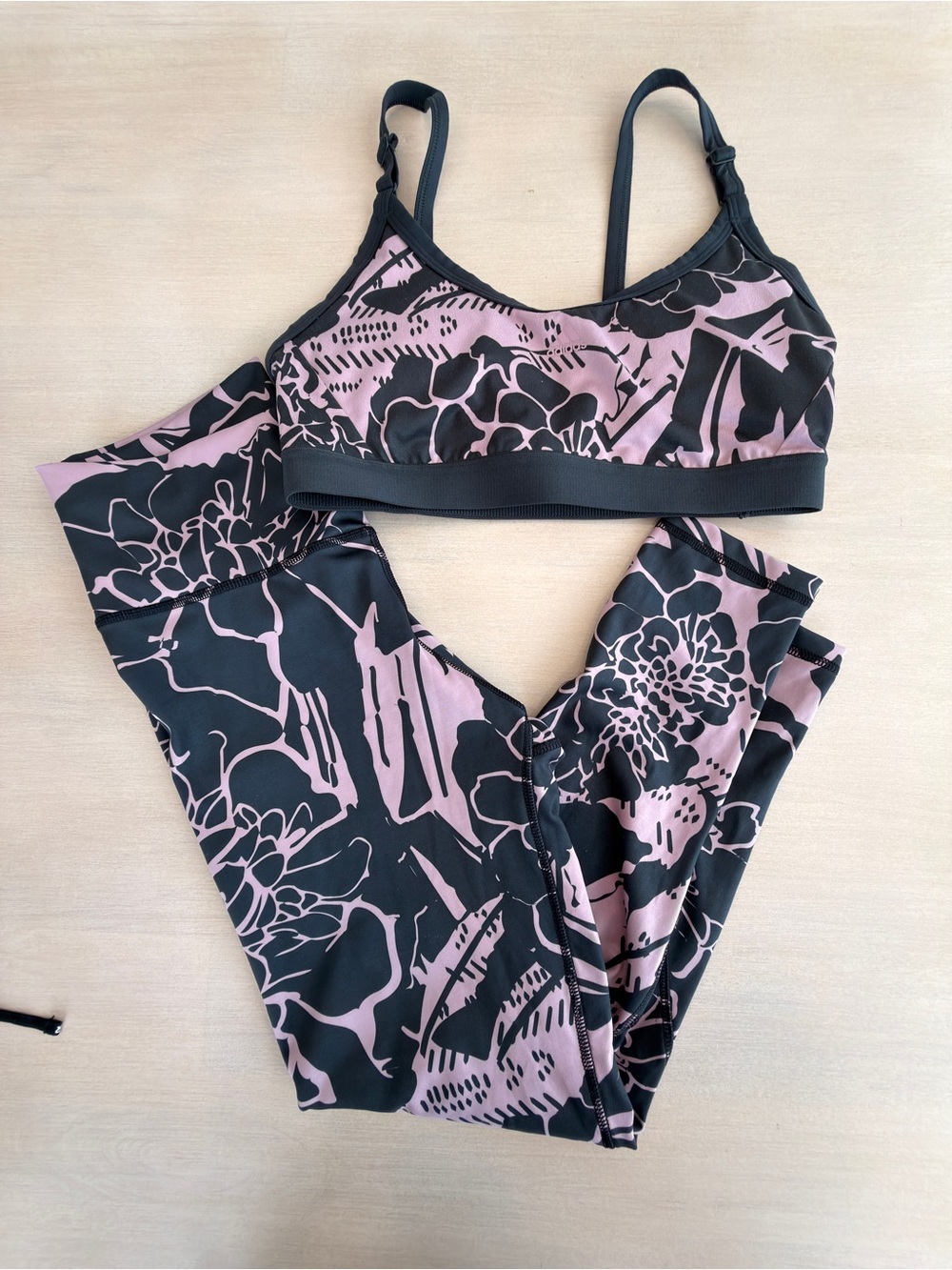 adidas Pink and Black Floral Sports Bra and Legging Set